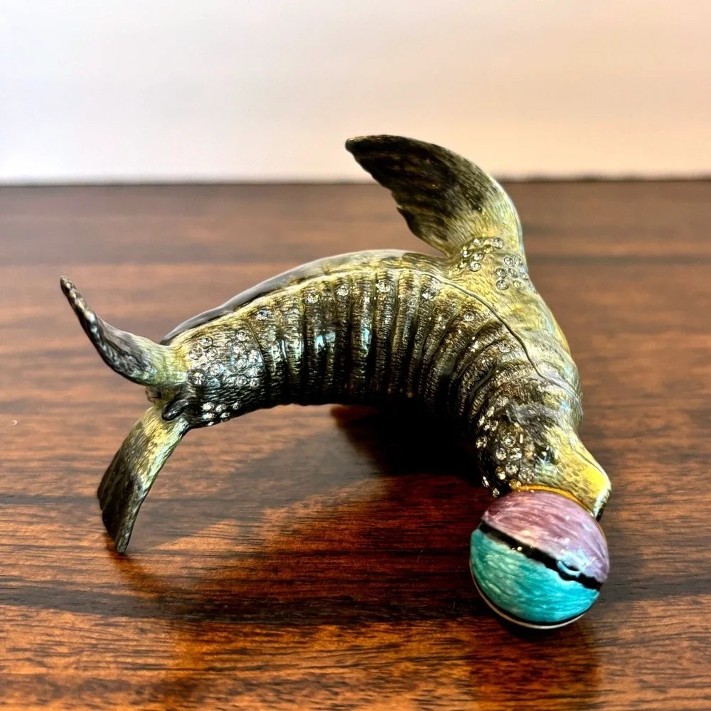 Sea Lion Enameled Trinket Box Beach Ball Nautical Coastal Whimsical Decor